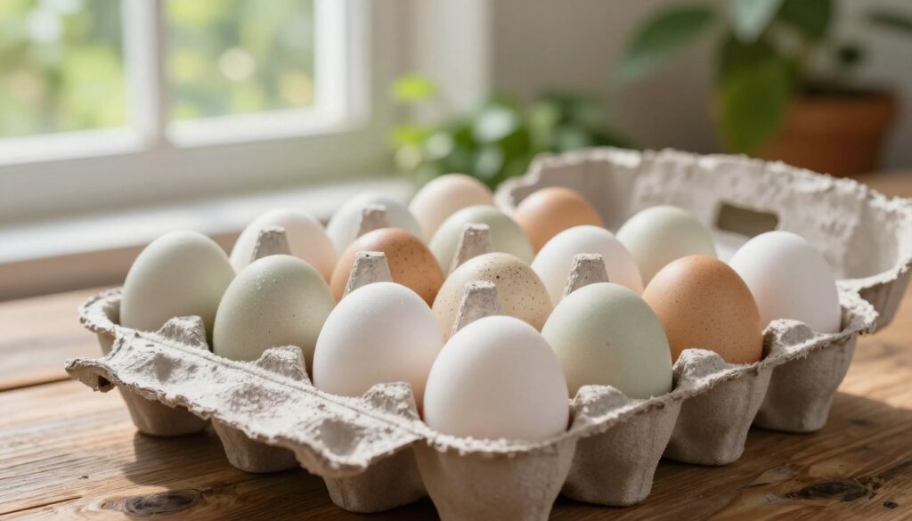 A beautiful close-up of duck eggs on a rustic wooden table, arranged neatly in an open carton. The eggs vary in shades from pale white to soft green and speckled brown, showcasing their uniqueness compared to chicken eggs. Bright natural light filters through a nearby window, casting soft shadows and highlighting the textures of the eggshells. In the background, a blurred garden scene with lush greenery hints at a tranquil farm setting, evoking a sense of peace and freshness. The overall mood is inviting and warm, ideal for a culinary exploration. The camera angle is slightly elevated, providing a clear view of the eggs while keeping the focus sharp on the foreground.