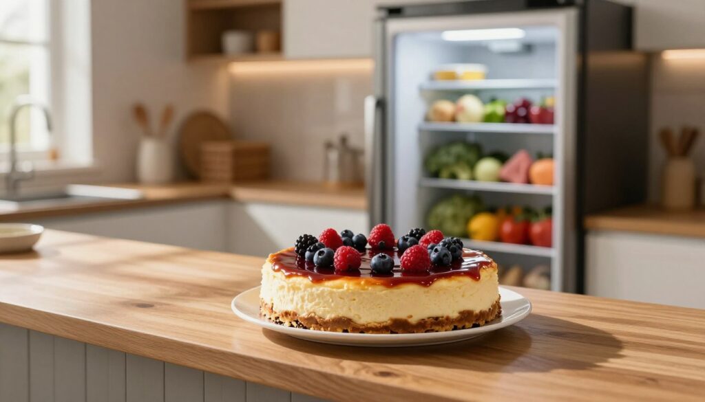 A beautiful dessert setup showcasing a cheesecake placed elegantly on a wooden countertop, outside a refrigerator. The cheesecake is topped with fresh berries and a glossy glaze, exuding a delicious allure. In the background, a stylish, modern kitchen is softly lit with warm, inviting light, emphasizing a cozy atmosphere. The refrigerator, slightly ajar, reveals a well-organized interior with fresh produce and colorful containers, but the focus is clearly on the cheesecake. A hint of natural sunlight filters through a nearby window, casting gentle shadows that add depth to the scene. This image captures the essence of storing cheesecake outside the refrigerator, highlighting its tempting appearance and the idea of enjoying it at room temperature. A beautiful dessert setup showcasing a cheesecake placed elegantly on a wooden countertop, outside a refrigerator. The cheesecake is topped with fresh berries and a glossy glaze, exuding a delicious allure. In the background, a stylish, modern kitchen is softly lit with warm, inviting light, emphasizing a cozy atmosphere. The refrigerator, slightly ajar, reveals a well-organized interior with fresh produce and colorful containers, but the focus is clearly on the cheesecake. A hint of natural sunlight filters through a nearby window, casting gentle shadows that add depth to the scene. This image captures the essence of storing cheesecake outside the refrigerator, highlighting its tempting appearance and the idea of enjoying it at room temperature.