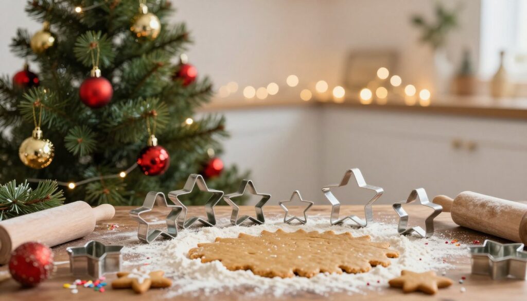 A beautifully arranged Christmas-themed set featuring a decorative Christmas tree adorned with red and gold baubles, beside a collection of star-shaped cookie cutters in various sizes. In the foreground, showcase a rustic wooden table sprinkled with flour and gingerbread dough, with rolling pins and festive sprinkles scattered around. The middle ground includes the vibrant tree and cookie cutters prominently displayed, while the background features softly blurred twinkling fairy lights to create a warm, cozy atmosphere. Use soft, natural lighting to enhance the inviting mood, and a narrow depth of field to focus on the details of the cookie cutters and tree. The overall composition should evoke a sense of holiday cheer and creativity.