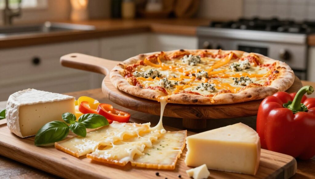 A beautifully arranged assortment of various cheeses suitable for pizza, prominently featuring melted, stretchy cheese on a rustic wooden cutting board. In the foreground, display slices of provolone and fontina, oozing with gooey texture, alongside vibrant garnishes of fresh basil and colorful bell peppers. In the middle, place a wooden pizza peel with a half-baked pizza topped with a blend of cheddar and gorgonzola, illustrating the unique combination of flavors. The background should be a softly lit Italian kitchen with warm, ambient lighting, highlighting the coziness and inviting atmosphere. The scene captures a gourmet pizza experience, emphasizing the richness and versatility of cheeses beyond mozzarella, evoking a delicious and appetizing mood. A beautifully arranged assortment of various cheeses suitable for pizza, prominently featuring melted, stretchy cheese on a rustic wooden cutting board. In the foreground, display slices of provolone and fontina, oozing with gooey texture, alongside vibrant garnishes of fresh basil and colorful bell peppers. In the middle, place a wooden pizza peel with a half-baked pizza topped with a blend of cheddar and gorgonzola, illustrating the unique combination of flavors. The background should be a softly lit Italian kitchen with warm, ambient lighting, highlighting the coziness and inviting atmosphere. The scene captures a gourmet pizza experience, emphasizing the richness and versatility of cheeses beyond mozzarella, evoking a delicious and appetizing mood.