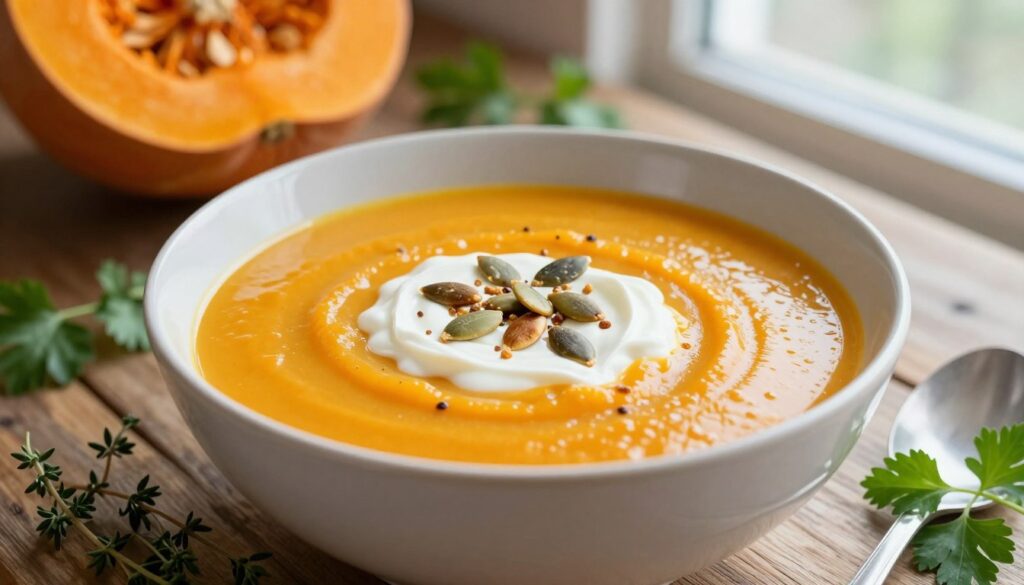 A beautifully arranged bowl of creamy pumpkin soup, garnished with a swirl of sour cream and a sprinkle of roasted pumpkin seeds. The soup should be vibrant orange, reflecting the rich hue of Hokkaido pumpkin. Surrounding the bowl, place fresh herbs like thyme and parsley, enhancing the dish's freshness. In the background, a rustic wooden table should add warmth to the scene, while soft, natural light filters from a nearby window, creating a cozy atmosphere. Use a shallow depth of field to focus on the soup in the foreground, while softly blurring the background. This image should evoke a sense of comfort and deliciousness, embodying the essence of a quick and flavorful pumpkin soup recipe.