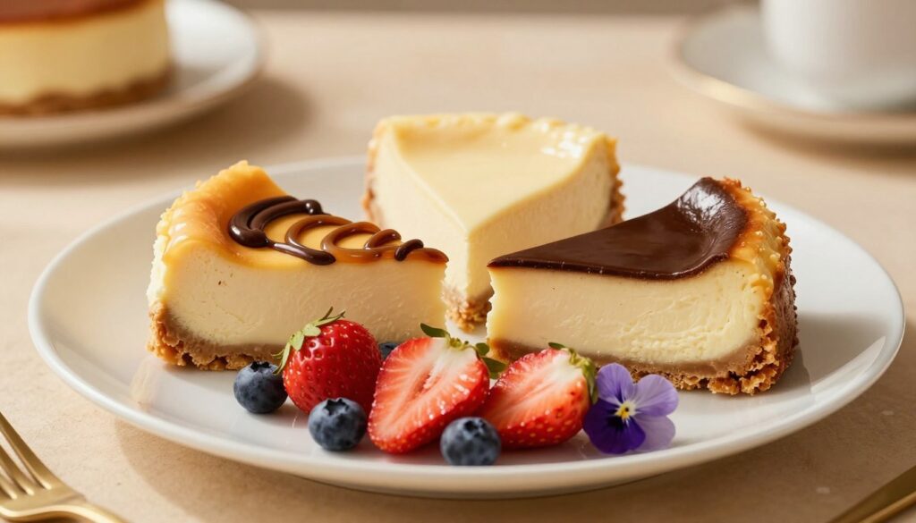 A beautifully arranged cheesecake displayed on an elegant white plate, showcasing three distinct types: a baked cheesecake with a golden-brown crust, a creamy no-bake cheesecake with a smooth surface, and a rich New York-style cheesecake. In the foreground, vibrant decorations include fresh strawberries, blueberries, and edible flowers, enhancing the visual appeal. The middle section features delicate swirls of chocolate and caramel drizzles over each cheesecake, adding texture and contrast. The background is softly blurred, suggesting a warm, inviting kitchen setting with soft golden lighting that casts gentle shadows, creating a cozy atmosphere. The composition emphasizes elegance and indulgence, perfect for showcasing delicious cheesecake presentations.