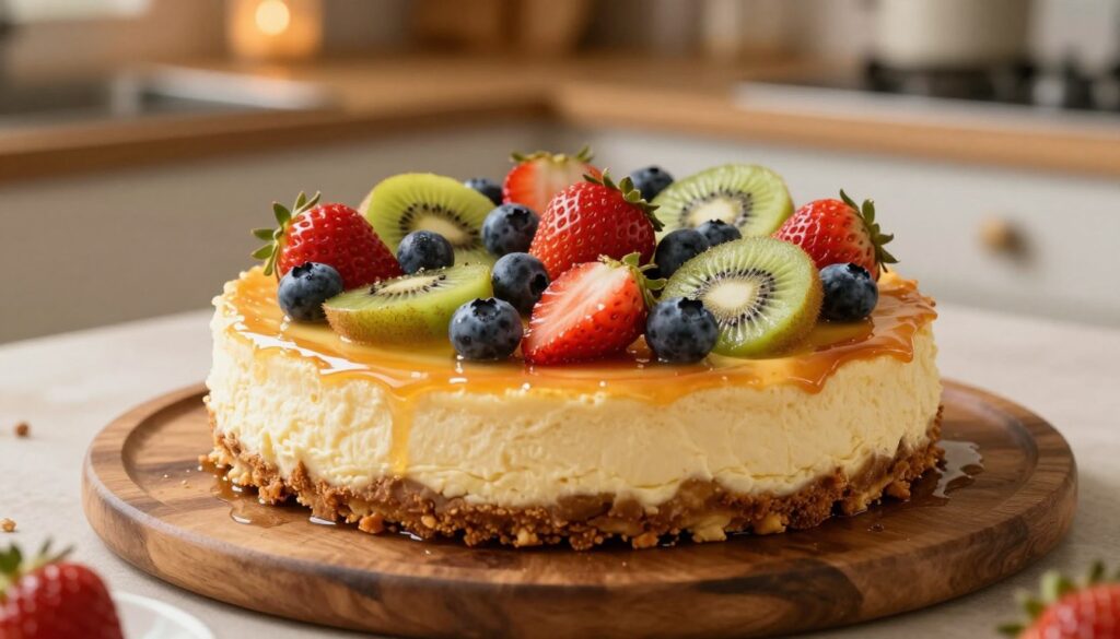 A beautifully arranged cheesecake topped with a colorful assortment of fresh fruits, including strawberries, blueberries, and kiwi slices, glistening with a light glaze. The cheesecake is displayed on a rustic wooden platter, with a soft-focus background of a cozy kitchen with warm, ambient lighting. The scene is captured from a slightly elevated angle to highlight the textured surface of the cake and the vibrant fruits on top, creating a visually appetizing composition. The overall mood is warm and inviting, evoking a sense of homemade comfort and culinary delight, perfect for illustrating the use of fruit in cheesecake preparation.