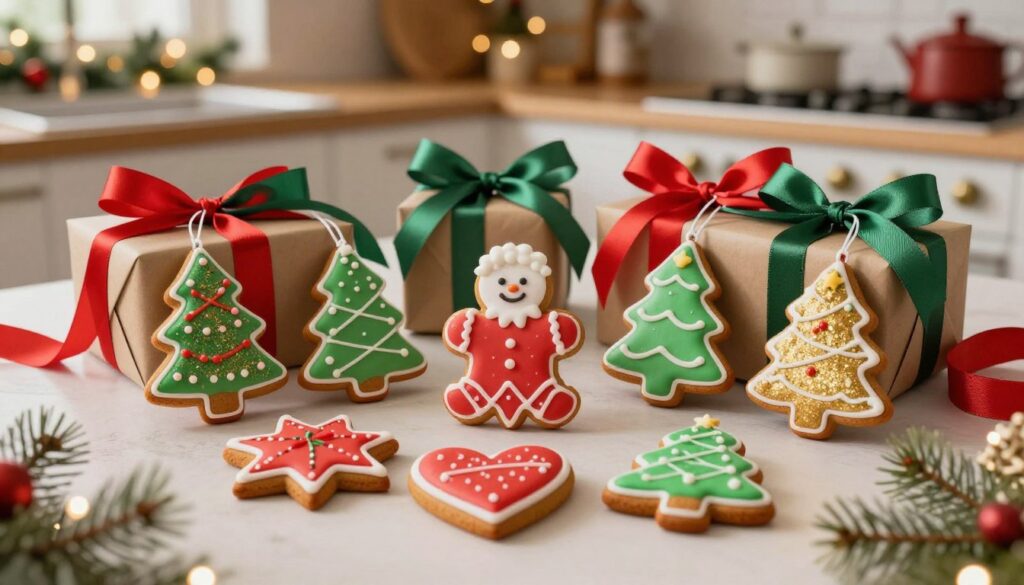 A beautifully arranged collection of 3D gingerbread ornaments, featuring intricate designs and festive colors, such as reds, greens, and golds. In the foreground, display vibrant, handcrafted gingerbread cookies shaped like stars, hearts, and Christmas trees, adorned with royal icing and edible glitter. The middle ground presents elegant ribbons in coordinating colors, ready for gift wrapping, placed artistically around the cookies. In the background, soft, warm lighting illuminates a cozy holiday-themed kitchen, with subtle hints of pine garlands and twinkling fairy lights creating a cheerful and inviting atmosphere. The scene captures the essence of holiday spirit, showcasing the joy of creating festive decorations. The camera angle is slightly overhead, giving a comprehensive view of this charming holiday setup.