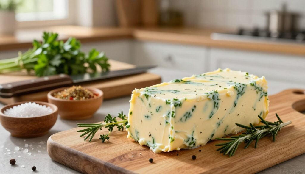 A beautifully arranged dish of herb-infused butter, showcasing its rich creamy texture and vibrant green flecks of various herbs like parsley, thyme, and rosemary. In the foreground, the butter is shaped into an elegant log and placed on a wooden cutting board, accented by sprigs of fresh herbs. In the middle, a rustic kitchen scene features a cutting board, a knife, and small bowls of assorted spices—paprika, garlic powder, and sea salt—that hint at flavor enhancement. The background is softly blurred, revealing a warm kitchen atmosphere with sunlight streaming through a window, casting gentle highlights on the ingredients. The mood is inviting and homely, emphasizing the connection between cooking and aromatic flavors without any distractions.