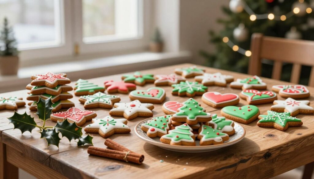 A beautifully arranged display of intricate gingerbread cookies, known as pierniczki, in various festive shapes such as stars, hearts, and Christmas trees. Each cookie is adorned with colorful icing and delicate sugar decorations, showcasing vibrant hues of red, green, and white. In the foreground, a rustic wooden table is set with a few cookies stacked on a charming ceramic plate, accompanied by sprigs of holly and cinnamon sticks for an inviting touch. In the middle, soft natural light filters through a nearby window, casting gentle shadows that enhance the warmth of the scene. The background reveals a softly blurred festive setting, featuring twinkling fairy lights and decorative elements, evoking a cozy holiday atmosphere. The overall mood is cheerful and festive, perfect for celebrating and gifting.