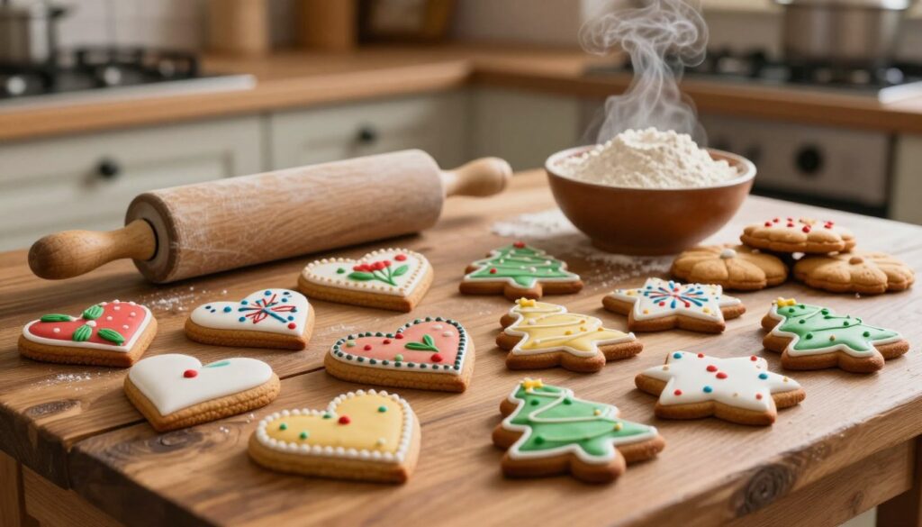 A beautifully arranged display of traditional Polish pierniczki (gingerbread cookies) on a rustic wooden table. In the foreground, a variety of intricately decorated cookies shaped like hearts, stars, and Christmas trees, adorned with colorful icing and sugar dots. The middle ground features an old-fashioned rolling pin, a bowl of flour, and a few warm, freshly baked cookies, with steam gently rising. The background includes a cozy kitchen setting with warm lighting, hinting at a homey atmosphere filled with holiday cheer. Soft shadows create depth, and the overall color palette is warm and inviting, emphasizing the joyful essence of baking. The scene conveys a sense of tradition and craftsmanship, perfect for illustrating the art of baking these delightful treats.
