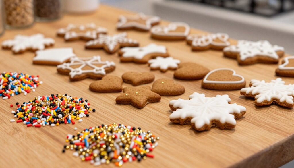 A beautifully arranged display of various types of gingerbread sprinkles, artistically presented on a wooden table. In the foreground, vibrant mixed sprinkles in bright colors, including metallic gold and silver, shining under soft, warm lighting. The middle ground features traditional sugar sprinkles in shapes like stars, hearts, and snowflakes, with a delicate focus on their textures. In the background, a blurred assortment of gingerbread cookies, decorated with icing, suggesting a festive atmosphere. The scene captures the essence of holiday baking, evoking warmth and creativity, with a cozy kitchen setting lightly illuminated, enhancing the inviting mood of festive preparations.