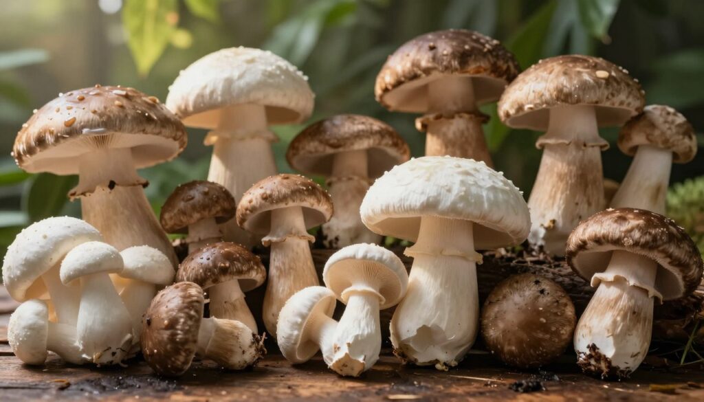 A beautifully arranged display of various types of mushrooms, prominently featuring white, brown, and portobello mushrooms, alongside wild forms. In the foreground, the mushrooms are placed artfully on a rustic wooden surface, showcasing their unique textures and colors—some glistening with moisture. The middle ground features a softly blurred backdrop of lush greenery, evoking a natural environment where mushrooms thrive. The lighting is warm and inviting, with soft sunlight filtering through the leaves, creating gentle highlights on the mushroom caps. Shot from a slightly elevated angle to capture the full detail of each variety and evoke a sense of abundance and richness. The mood is earthy and organic, perfect for illustrating the diverse world of mushrooms. A beautifully arranged display of various types of mushrooms, prominently featuring white, brown, and portobello mushrooms, alongside wild forms. In the foreground, the mushrooms are placed artfully on a rustic wooden surface, showcasing their unique textures and colors—some glistening with moisture. The middle ground features a softly blurred backdrop of lush greenery, evoking a natural environment where mushrooms thrive. The lighting is warm and inviting, with soft sunlight filtering through the leaves, creating gentle highlights on the mushroom caps. Shot from a slightly elevated angle to capture the full detail of each variety and evoke a sense of abundance and richness. The mood is earthy and organic, perfect for illustrating the diverse world of mushrooms.