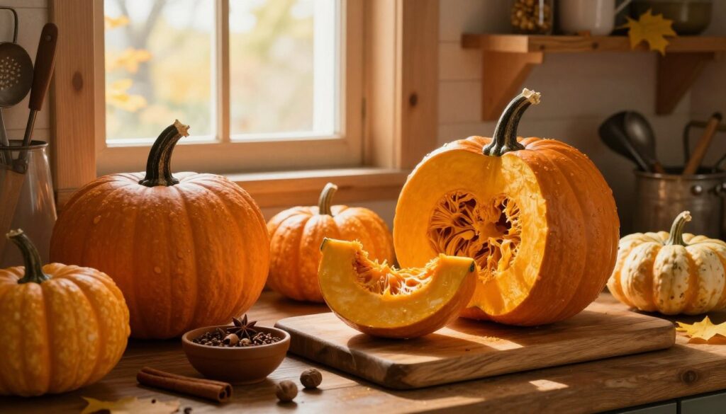 A beautifully arranged display of various types of pumpkins in a rustic kitchen setting. In the foreground, a large, vibrant orange pie pumpkin sits beside a wooden cutting board, partially peeled, showing its soft flesh. Beside it, a small bowl of spices, including cinnamon and nutmeg, adds a pop of color. In the middle, a warm, golden light shines through a nearby window, creating a cozy atmosphere, illuminating the textures of the pumpkin and spices. The background features wooden shelves adorned with vintage baking tools and autumn leaves, enhancing the seasonal feel. Capture the inviting, earthy tones and the comforting mood of preparing for baking, emphasizing the essence of sweet, tender roasted pumpkin.