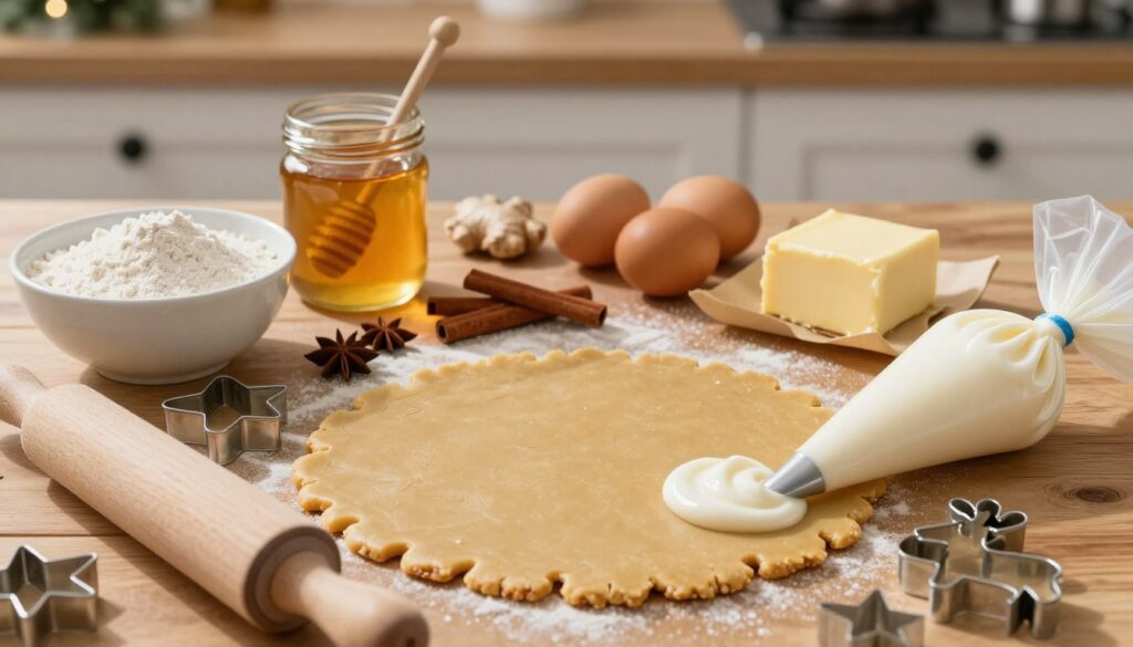 A beautifully arranged flat lay of gingerbread dough ingredients and royal icing components, featuring a bowl of flour, a jar of honey, sugar, spices like cinnamon and ginger, eggs, and butter, with a generous dollop of glossy white royal icing in a piping bag. The foreground showcases a rolling pin and cookie cutters in fun shapes like reindeer and stars. In the middle, a rustic wooden surface enhances the warm, cozy atmosphere of holiday baking. Soft natural light filters in from the side, casting gentle shadows and illuminating the rich colors of the ingredients. The background reveals a blurred kitchen setting with festive decorations subtly hinting at a holiday theme, evoking a playful and inviting mood.