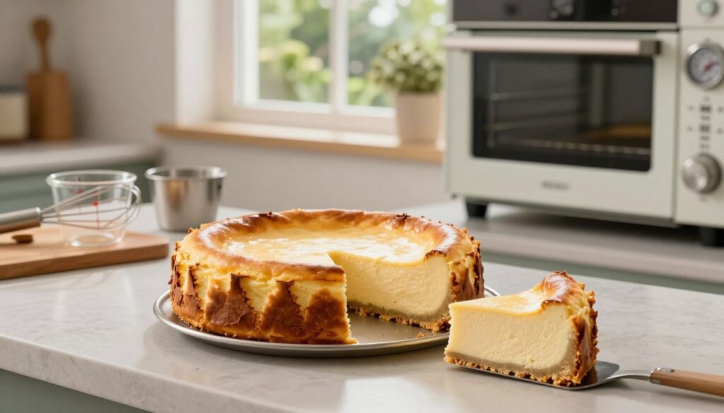 A beautifully arranged kitchen counter featuring a freshly baked cheesecake, its golden-brown top slightly cracked, showcasing a rich and creamy filling. In the foreground, a spatula rests next to a slice of cheesecake that has been cut, revealing its smooth texture. In the middle background, a well-organized baking area with measuring cups, a whisk, and an oven with a visible thermometer that reads the optimal temperature for baking. Soft, warm kitchen lighting creates a cozy ambiance, enhancing the inviting atmosphere. The background includes a window with natural light filtering in, allowing the view of a serene outdoor garden, giving a sense of calm and freshness. The overall mood is friendly and warm, ideal for an article on baking techniques, focusing on the importance of avoiding common mistakes.
