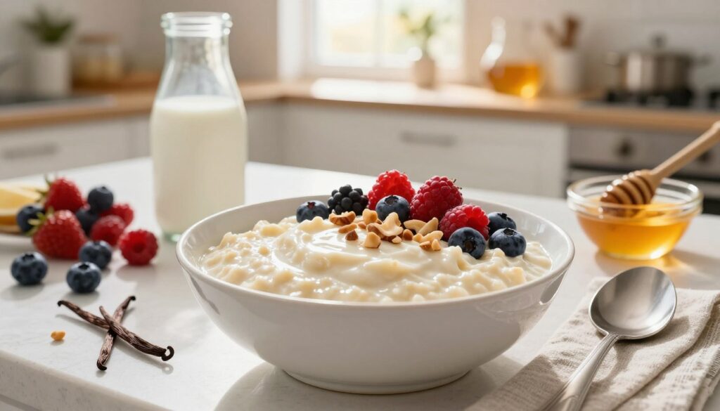 A beautifully arranged kitchen countertop featuring a delicious bowl of homemade budyń, garnished with fresh berries and a sprinkle of nuts to emphasize its healthy elements. In the foreground, a spoon scoops a creamy, smooth portion of budyń, reflecting the light to show its velvety texture. The middle ground includes fresh ingredients like milk, vanilla, and a small bowl of natural sweeteners like honey or agave syrup, illustrating healthier choices. The background features a bright, inviting kitchen with warm lighting, and a window letting in soft sunlight, creating a cozy atmosphere. The overall mood is wholesome and vibrant, suggesting that budyń can be a healthy addition to a balanced diet.