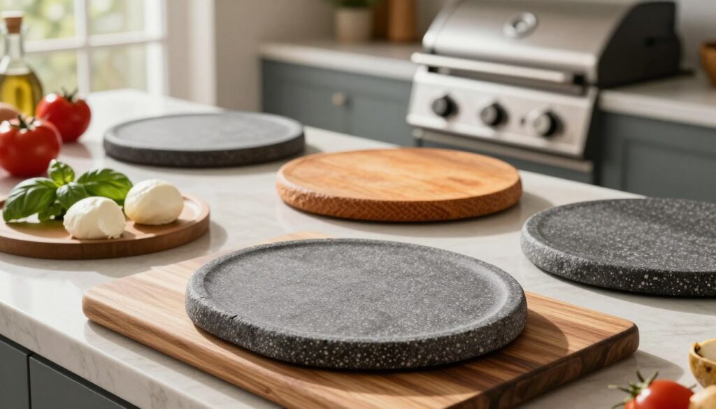 A beautifully arranged kitchen countertop featuring a variety of pizza stones, showcasing options like cordierite, refractory clay, and steel. In the foreground, a textured cordierite pizza stone lies on a wooden cutting board, displaying its smooth, speckled surface. In the middle, a traditional round refractory clay stone radiates warmth, surrounded by fresh pizza ingredients like tomatoes, basil, and mozzarella cheese. In the background, a sleek stainless steel pizza stone sits next to a modern gas grill, hinting at versatility for outdoor cooking. Soft, natural sunlight filters through a window, casting gentle shadows and creating a warm, inviting atmosphere perfect for a home kitchen scene.