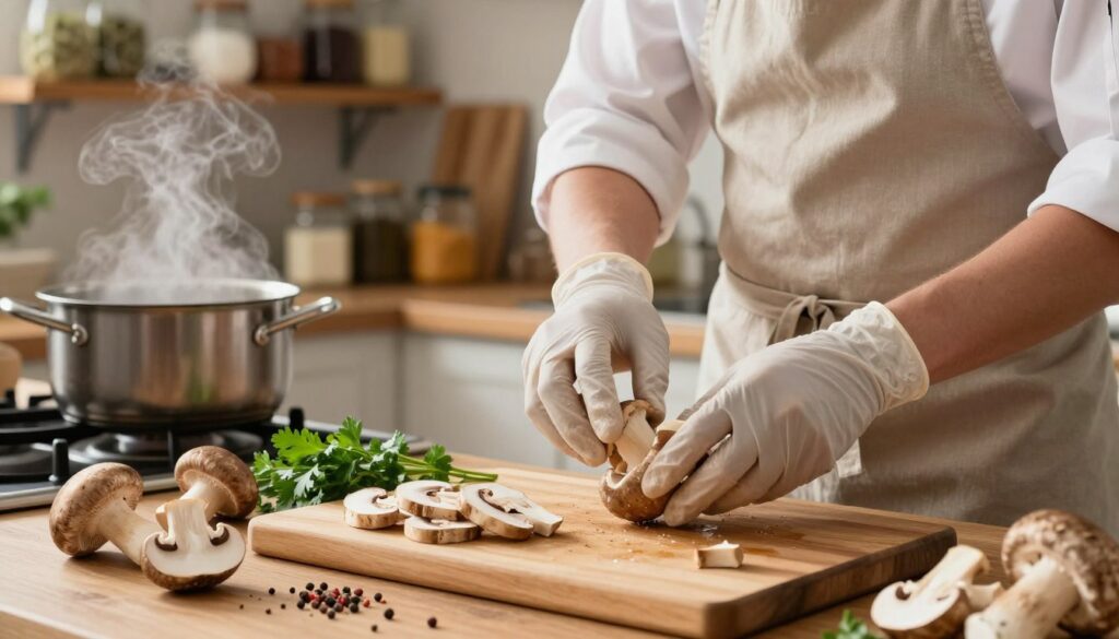 A beautifully arranged kitchen scene featuring a chef skillfully preparing Mleczaj rydz mushrooms. In the foreground, the chef, dressed in a neat apron and wearing gloves, is shown cleaning the mushrooms, focusing on textures and colors of the fresh fungi. In the middle, a wooden cutting board is adorned with sliced mushrooms, herbs like parsley, and spices, highlighting the preparation process. In the background, warm, soft lighting creates a cozy atmosphere, with shelves filled with jars of ingredients and a gentle steam rising from a pot on the stove. The overall mood is inviting and educational, capturing the essence of culinary creativity and the joy of cooking.