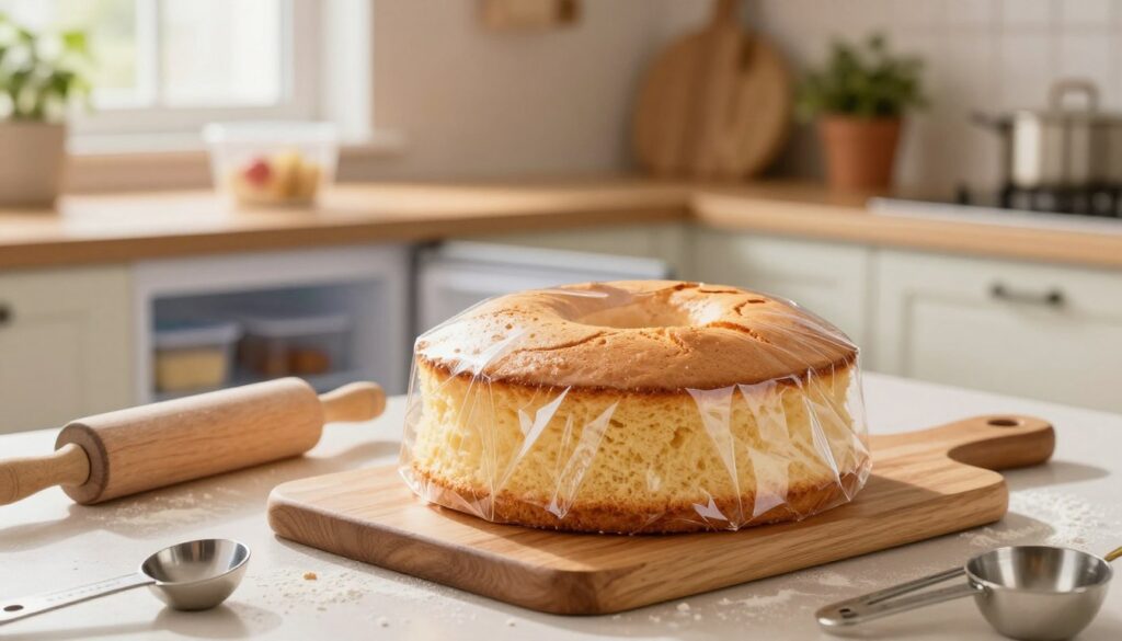 A beautifully arranged kitchen scene featuring a freshly baked sponge cake on a wooden cutting board, wrapped securely in clear plastic wrap to preserve its moisture. In the foreground, the soft, golden texture of the cake is highlighted, glistening under warm, natural light coming from a nearby window. Surrounding the cake, there's a rolling pin, flour dust, and measuring spoons, suggesting the recent baking activity. In the middle ground, a section of the kitchen counter shows a freezer with opened containers indicating safe storage methods. The background is softly blurred, featuring a cozy kitchen atmosphere with pastel-colored walls and plants in pots, creating a warm and inviting mood, ideal for showcasing practical baking tips.