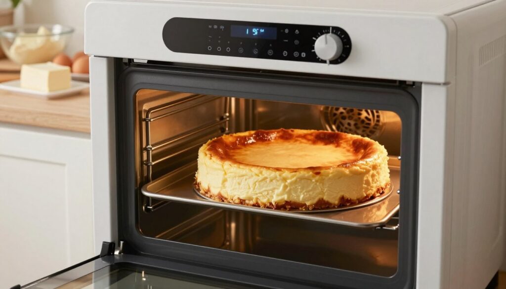 A beautifully arranged kitchen scene focused on a modern oven displaying the temperature settings for baking cheesecake. In the foreground, there's a close-up of the oven's control panel, with clear indicators for temperature and fan settings, glowing softly in warm light. The middle layer features a semi-open oven door, revealing a perfectly baked cheesecake inside, golden-brown and creamy, with a subtle sheen on the surface. In the background, a well-organized kitchen countertop is adorned with baking ingredients like cream cheese, eggs, and a mixing bowl, all bathed in natural, soft lighting, creating a warm and inviting atmosphere. The mood is cozy and professional, suggesting precision and care in baking.