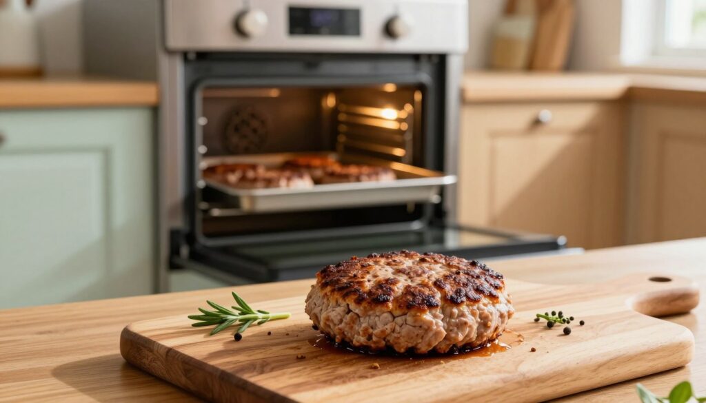 A beautifully arranged kitchen scene focusing on a perfectly golden-brown meat patty, shown in the foreground. The patty rests on a rustic wooden cutting board, garnished with fresh herbs for a touch of color. In the middle ground, a modern oven with its door slightly ajar, showcasing a baking tray with additional juicy meat patties inside, emanating warmth. The background features warm wooden cabinetry and soft pastel-coloured kitchen decor, creating a welcoming atmosphere. Bright, natural light filters through a window, casting gentle shadows that enhance the textures of the meat. The lens captures a close-up perspective, inviting the viewer to feel the heat and aroma of the delectable dish being prepared, conveying the mood of a cozy home cooking experience.