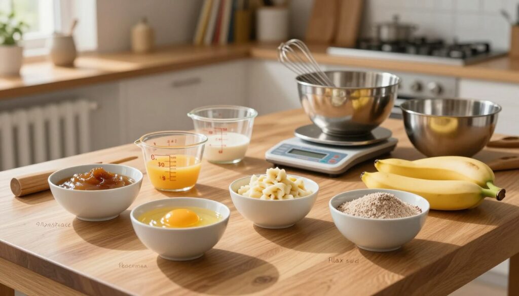 A beautifully arranged kitchen scene focusing on a wooden table covered with various ingredients for baking. In the foreground, display bowls containing alternative egg substitutes like applesauce, mashed bananas, and flaxseed meal, each labeled with subtle visual indicators of their textures and colors. The middle ground features measuring cups and a digital scale demonstrating precise proportions, accompanied by kitchen tools like a whisk and mixing bowl. The background reveals softly blurred shelves lined with cookbooks and baking supplies, creating a warm, inviting atmosphere. Soft, natural lighting streams through a nearby window, casting gentle shadows across the scene, enhancing the cozy feeling of baking with love. The overall mood is nurturing and creative, perfect for inspiring novice bakers.