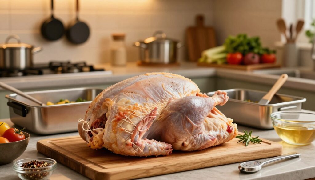 A beautifully arranged kitchen scene focusing on the preparation of a whole turkey. In the foreground, a raw turkey is set on a wooden cutting board, with its legs tied neatly using kitchen twine. Surrounding the turkey, there are seasonings, herbs, and a bowl of brine, emphasizing the preparation process. The middle ground shows a stainless steel roasting pan ready for the turkey, with a few cooking utensils like a basting brush and a meat thermometer nearby. In the background, soft amber lighting illuminates a well-organized kitchen, with pots and pans hanging and fresh vegetables displayed on a counter, creating a warm and inviting atmosphere. The composition should evoke a sense of anticipation and culinary craftsmanship, emphasizing the meticulous steps involved in preparing a perfect turkey for roasting.