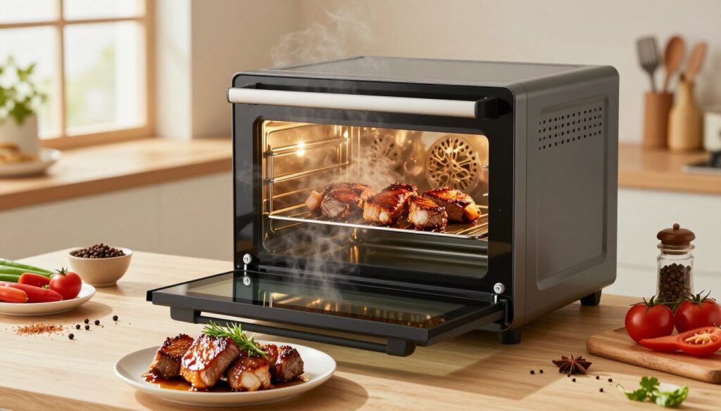 A beautifully arranged kitchen scene showcasing a steam oven in action, with succulent pieces of marinated meat cooking inside. In the foreground, a plated serving of perfectly cooked, juicy meat glistening with a rich glaze, garnished with fresh herbs. The middle ground features the steam oven with its glass door revealing the cooking process, surrounded by spices and fresh ingredients artistically displayed. In the background, there are kitchen utensils and a window letting in soft, natural light that enhances the warm, inviting atmosphere. Take the shot from a slightly elevated angle to capture the depth of the kitchen and emphasize the steam rising from the oven, creating a cozy, home-cooking vibe. The overall mood is warm, inviting, and appetizing, perfect for illustrating a cooking guide.