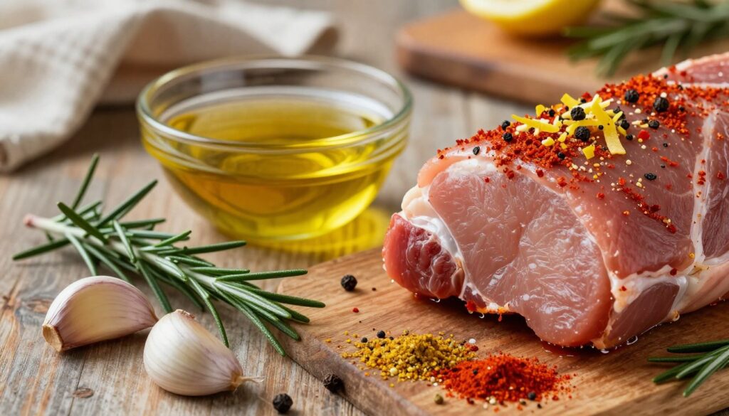 A beautifully arranged marinade display for a pork shoulder, showcasing vibrant herbs and spices. Foreground features include fresh garlic cloves, sprigs of rosemary, and colorful ground spices such as paprika and black pepper, all artfully scattered on a rustic wooden surface. In the middle ground, a small bowl filled with a rich, golden marinade glistens under soft, warm lighting, hinting at fragrant ingredients like olive oil and lemon zest. The background consists of softly blurred kitchen elements, such as a textured cloth and a wooden cutting board, creating an inviting culinary atmosphere. The image captures the essence of flavor-building, inviting the viewer into the cooking process with an atmosphere of warmth and homey comfort.