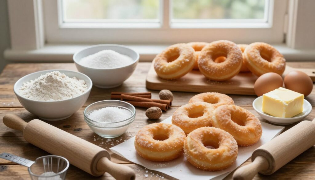A beautifully arranged overhead view of ingredients for baked doughnuts, featuring bowls of flour, sugar, and salt, alongside fresh eggs and butter. In the foreground, a rustic wooden table with a rolling pin and measuring cups. The middle layer showcases vibrant spices like nutmeg and cinnamon, with a small bowl of yeast ready for activation. In the background, soft natural lighting filters through a nearby window, creating a warm and inviting atmosphere. The scene should evoke a sense of homely comfort and baking creativity, emphasizing the joy of preparing dough for fluffy, oven-baked treats. No text or distractions present, just the essence of a cozy kitchen ready for baking.