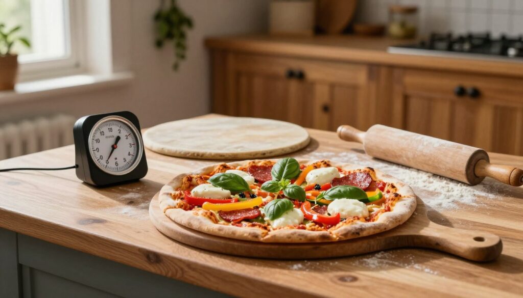 A beautifully arranged pizza on a wooden cutting board, showcasing various toppings such as fresh basil, mozzarella, pepperoni, and colorful bell peppers, all in vibrant detail. Surrounding the pizza, a digital timer and an oven thermometer, emphasizing the theme of baking time and temperature. The foreground has a warm kitchen setting with soft, natural lighting streaming through a window, casting gentle shadows. The middle ground focuses on a well-worn pizza stone and a rolling pin dusted with flour, symbolizing the art of pizza making. In the background, a cozy kitchen atmosphere with rustic wood cabinets and hanging herbs, creating a homely feel. The overall mood is inviting, warm, and culinary-focused, perfect for illustrating the importance of baking time and temperature for pizza.