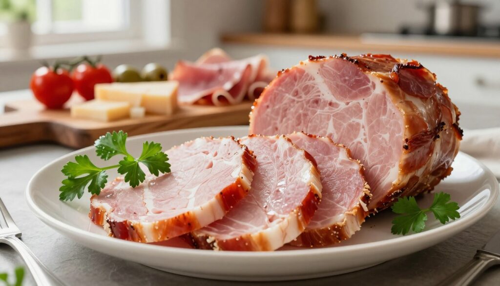A beautifully arranged plate featuring a traditional cooked ham, sliced to showcase its juicy, tender texture. The foreground highlights the ham slices garnished with sprigs of fresh parsley, with a light sheen that emphasizes freshness. In the middle, a rustic wooden cutting board displays an assortment of toppings that pair well with the ham, such as cherry tomatoes, olives, and slices of cheese. The background hints at a cozy kitchen setting, bathed in warm, natural light from a nearby window, creating a welcoming atmosphere. The scene is captured with a shallow depth of field, focusing sharply on the plate while softly blurring the background, evoking a feeling of culinary delight and inviting the viewer to consider the perfect addition of ham to pizza.