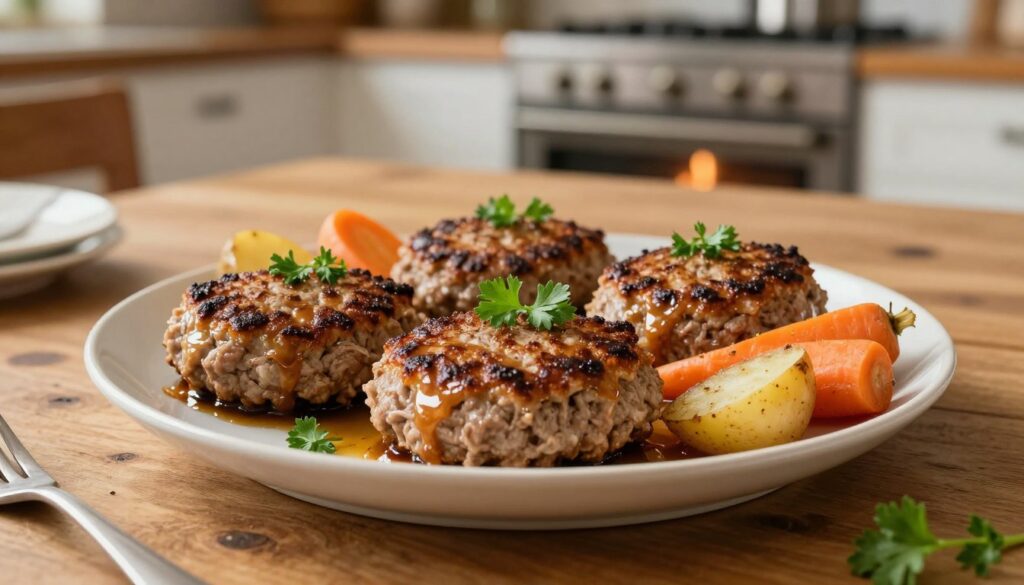 A beautifully arranged plate of juicy meat patties, known as "kotlety mielone," glistening with a rich golden-brown crust, showcasing their succulent texture. In the foreground, the patties are garnished with fresh parsley and served alongside roasted vegetables like carrots and potatoes, adding vibrant color to the composition. The middle ground features a rustic wooden table, enhancing the homey atmosphere of a cozy kitchen setting. In the background, a softly lit oven is visible, subtly showing the cooking process without distracting from the main focus. Natural lighting illuminates the scene, creating a warm and inviting mood, ideal for evoking a sense of comfort and deliciousness. The image should be shot from a slightly elevated angle to capture both the food and the warm kitchen ambiance.