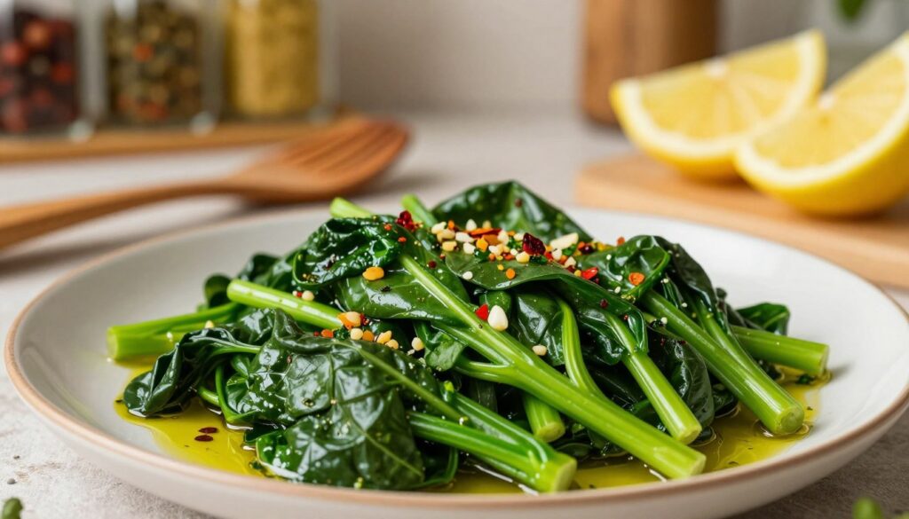 A beautifully arranged plate of sautéed frozen spinach, vibrant green and shimmering, garnished with vibrant herbs and spices that accentuate its flavor. In the foreground, showcase close-up details of the spinach glistening in olive oil, with a sprinkle of garlic and a hint of red pepper flakes for a pop of color. The middle ground features a rustic kitchen setting, with wooden utensils and a bowl of fresh lemon wedges, hinting at the bright flavors achieved through careful seasoning. In the background, softly blurred shelves with colorful spices add texture and warmth, illuminated by warm natural light filtering in. The overall mood is inviting and homey, emphasizing the joy of cooking and the richness of flavor in the prepared dish.