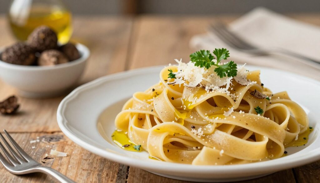 A beautifully arranged plate of tagliatelle pasta, delicately twirled and topped with a drizzle of high-quality truffle oil, garnished with finely grated Parmesan cheese and fresh parsley. In the foreground, focus on the rich, golden-hued tagliatelle strands that capture the light, showcasing their texture. In the middle, place the plate against a rustic wooden table for an authentic Italian feel, featuring a small bowl of finely chopped truffles nearby. The background should be softly blurred, hinting at a cozy kitchen environment illuminated by warm, soft lighting that creates an inviting atmosphere. Use a shallow depth of field to emphasize the pasta while maintaining a warm, culinary mood.