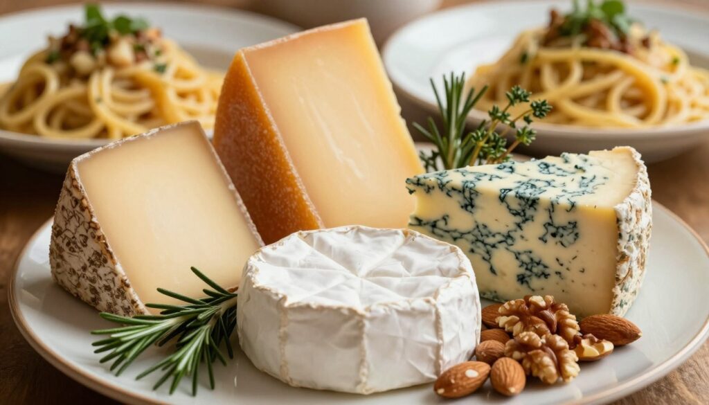 A beautifully arranged platter featuring an assortment of artisanal cheeses, showcasing various textures and colors. In the foreground, a creamy brie with an elegant white rind, a sharp aged gouda with golden hues, and a crumbly blue cheese with its characteristic veining are positioned artistically. Surrounding the cheeses, delicate sprigs of fresh herbs like rosemary and thyme add pops of green, while a mix of roasted nuts including walnuts and almonds offers a rustic touch. In the background, soft-focus gourmet pasta dishes topped with light sauces and elegant garnishes create a sumptuous dining atmosphere. The scene is warmly lit, enhancing the inviting texture of the cheeses and creating a cozy, gourmet feel. Shot from a slightly elevated angle to capture the entire arrangement in a sophisticated and appetizing manner.