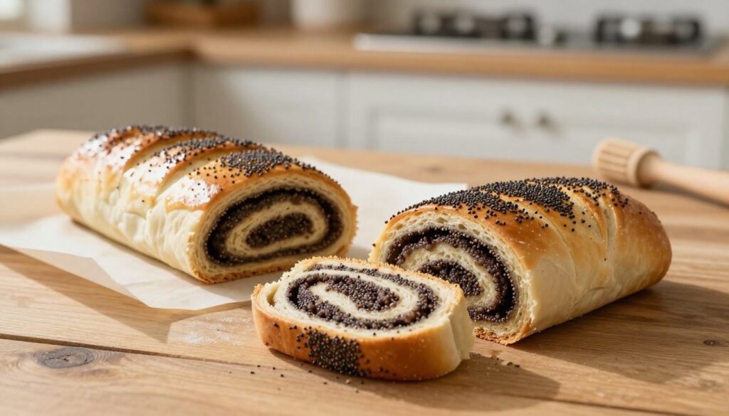 A beautifully arranged scene featuring a freshly baked "makowiec zawijany," a traditional Polish poppy seed roll, showcased on a rustic wooden table. In the foreground, the roll is sliced elegantly to reveal its moist, rich filling, with glistening poppy seeds and a tender dough. Soft, warm light illuminates the scene from the left, creating gentle shadows that enhance the texture of the pastry. In the middle ground, a baking parchment lies partially unrolled, hinting at the technique of rolling the cake. The background features a softly blurred kitchen setting, with light colors and minimalistic utensils, evoking a cozy baking atmosphere. The image captures a sense of warmth and craftsmanship, perfect for illustrating the art of making a flawless makowiec.