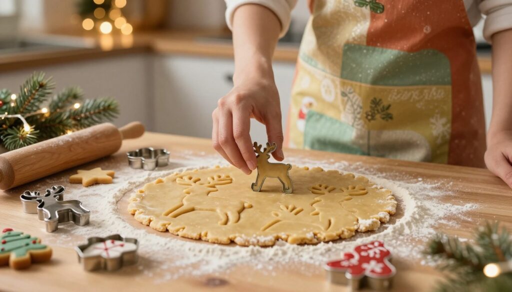 A beautifully arranged scene of "pierniki ciasto" (gingerbread dough), styled for the preparation of reindeer cookies. In the foreground, a round, rolled-out dough on a wooden countertop, lightly dusted with flour, accented with playful cookie cutters in the shape of reindeer and festive ornaments. In the middle, a delicate hand, wearing a colorful apron, skillfully pressing a reindeer-shaped cookie cutter into the dough, capturing the action of dough shaping. The background features a cozy kitchen setting with warm, ambient lighting, soft bokeh effect highlighting festive decorations like small Christmas lights and sprigs of pine. The overall mood is warm and inviting, reflecting the joy of holiday baking and creativity.