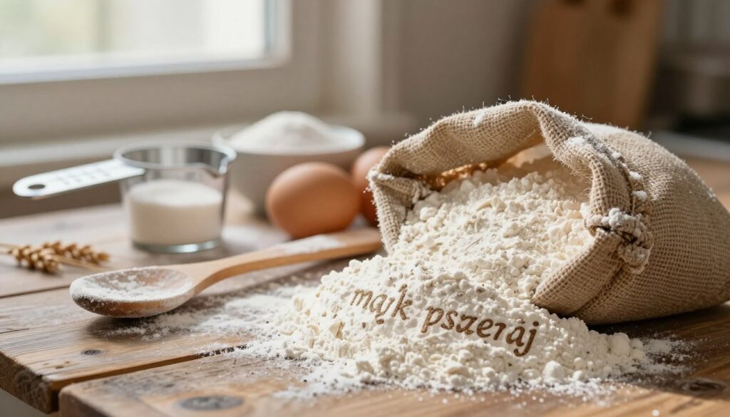A beautifully arranged scene showcasing flour as the main subject, specifically focusing on "mąki pszennej". In the foreground, a burlap sack of white wheat flour, slightly open with flour spilling out onto a rustic wooden surface. In the middle ground, a set of measuring cups and a wooden spoon dusted with flour, alongside a few farm-fresh eggs and a small bowl of sugar. In the background, the soft glow of natural light filtering through a window, casting gentle shadows, enhancing the warm, inviting atmosphere of a cozy kitchen. The lens should capture the details in a shallow depth of field, bringing attention to the flour while softly blurring the background. The overall mood should feel rustic and homely, ideal for baking enthusiasts.