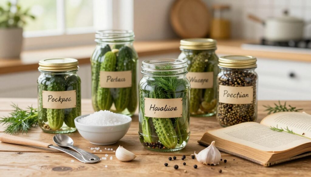 A beautifully arranged scene showcasing jars of pickling ingredients on a rustic wooden table. In the foreground, several glass jars filled with fresh cucumbers, garlic cloves, and vibrant spices like dill and black peppercorns, all neatly labeled. In the middle, a bowl of coarse sea salt, essential for fermentation, along with measuring spoons and an old-fashioned pickle recipe book partially open. The background features a soft-focus kitchen setting with natural light streaming in through a window, creating a warm and inviting atmosphere. Include a few sprigs of fresh herbs and a wooden spoon for added detail. The scene should evoke a sense of traditional home preserving, with a cozy and authentic feel.