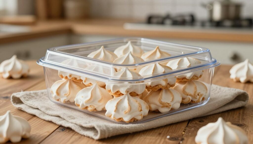 A beautifully arranged scene showcasing meringue cookies stored in an elegant, airtight container designed to preserve their crispiness. In the foreground, the transparent container is filled with perfectly baked, golden-brown meringues, highlighting their delicate texture. Soft natural lighting illuminates the scene, casting gentle shadows that enhance the details of the meringue's surface. The middle ground features a rustic wooden table with a subtle linen napkin beneath the container, adding warmth to the atmosphere. In the background, a cozy kitchen setting softly blurred, with hints of vintage baking tools and ingredients to evoke a sense of homeliness. The overall mood is inviting and appetizing, emphasizing the importance of proper storage to maintain the meringue's crunchiness.