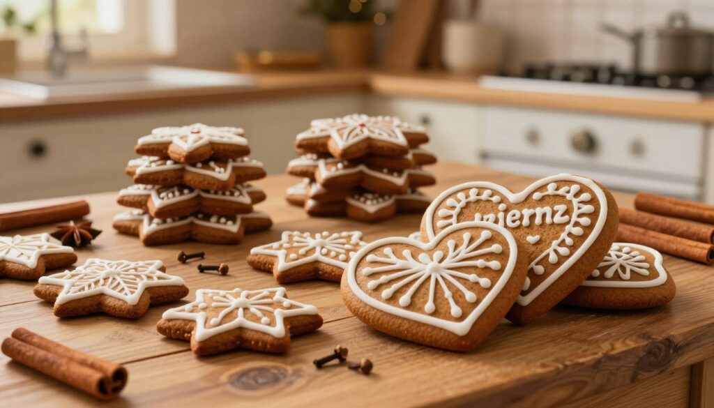 A beautifully arranged scene showcasing traditional Polish gingerbread, known as "piernik." In the foreground, large, ornate star-shaped and heart-shaped pierniki, decorated with intricate white icing patterns, are placed on a rustic wooden table. In the middle ground, stacks of smaller, beautifully detailed gingerbread cookies and various spices like cinnamon and cloves create a warm, inviting atmosphere. The background features a softly lit kitchen with vintage baking tools and holiday decorations. Golden, warm lighting bathes the entire scene, invoking a sense of nostalgia and festivity. The image captures the essence of Polish culinary tradition, highlighting the differences in preparation times and techniques for large and traditional gingerbread, embodying a cozy and celebratory mood.