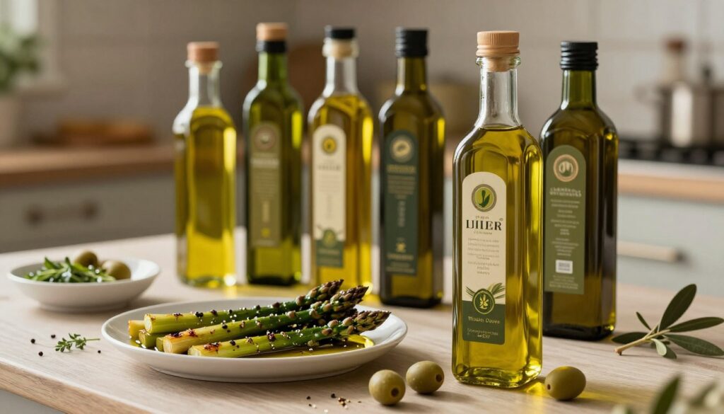 A beautifully arranged table featuring various bottles of high-quality olive oil and vegetable oil, each showcasing their distinct colors and textures. In the foreground, a sleek glass bottle of extra virgin olive oil glistens, with a few green olives scattered around it. In the middle ground, there are elegant serving dishes filled with roasted asparagus drizzled in oil, garnished with herbs and spices, highlighting the connection to cooking. The background features a softly blurred kitchen setting with warm, ambient lighting that creates a cozy and inviting atmosphere, ideal for cooking. The scene captures a sense of culinary artistry and choice, emphasizing the oils' importance in achieving perfectly roasted vegetables.