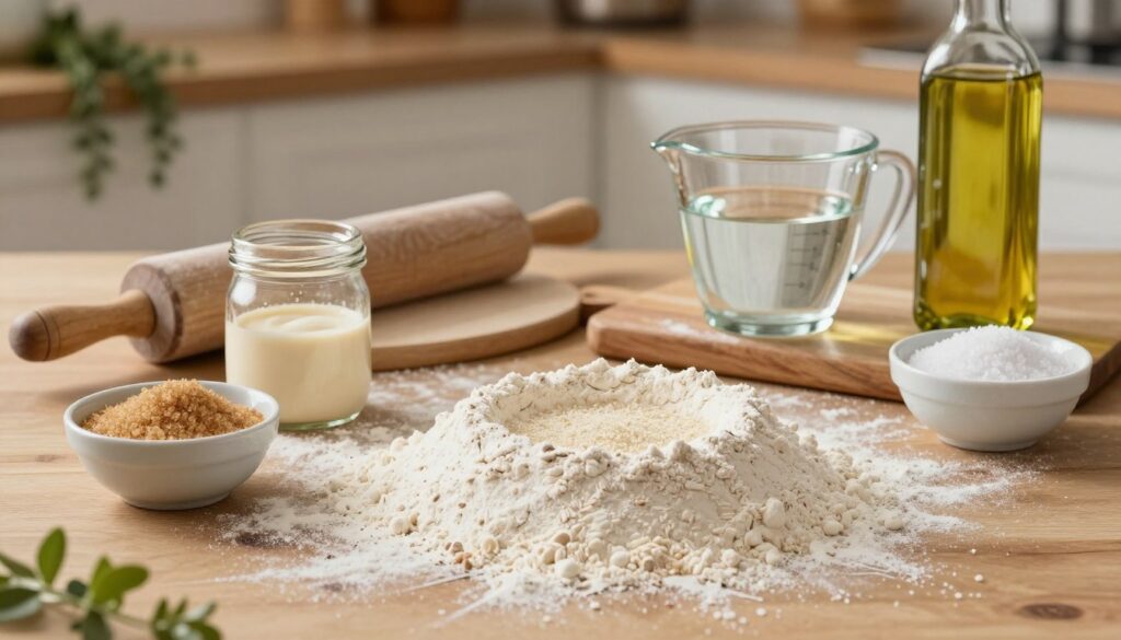 A beautifully arranged table showcasing the ingredients for an ideal pizza dough, focusing on the essential components. In the foreground, a large mound of flour dusted with a fine layer of semolina, with a small bowl of brown sugar and a jar of yeast beside it. A measuring cup filled with warm water is ready to pour, next to a bowl of salt and a bottle of olive oil, all glistening under soft, warm kitchen lighting. In the middle, rolling pins and a wooden pizza peel wait for action, while a rustic wooden cutting board serves as a base. The background features a softly blurred kitchen with hints of herbs hanging, and a warm, inviting atmosphere enhances the scene, evoking the essence of homemade cooking.