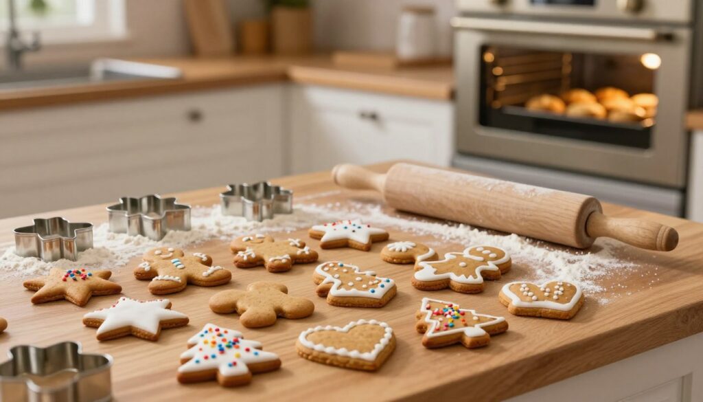 A beautifully arranged tableau showcasing a cozy kitchen scene where freshly baked gingerbread cookies (pierniczki) are artistically displayed on a wooden countertop. In the foreground, an assortment of gingerbread shapes—stars, hearts, and trees—neatly decorated with white icing and colorful sprinkles. The middle ground features a rolling pin and cookie cutters dusted with flour, conveying the handmade process. In the background, a warm, inviting kitchen with soft, ambient lighting creates a festive atmosphere, hinting at the holiday spirit. An old-fashioned oven with golden-brown cookies inside can be partially seen, adding to the homely charm. The composition invites a sense of warmth and nostalgia, perfect for capturing the essence of holiday baking.
