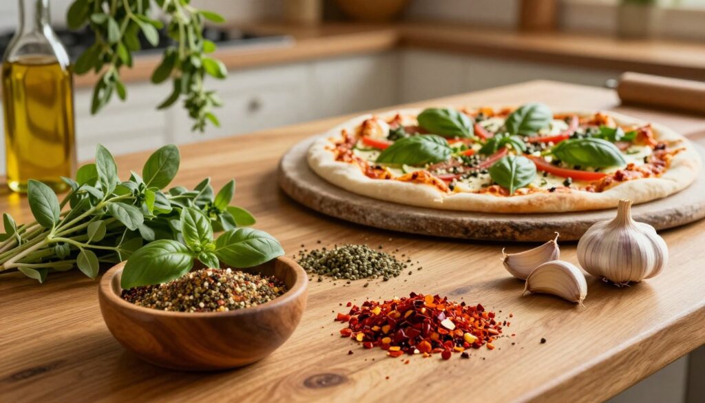 A beautifully arranged wooden table showcases an assortment of pizza spices, including vibrant green oregano, fragrant crushed red chili flakes, and aromatic garlic cloves. In the foreground, a small wooden bowl holds a mixture of spices with a sprinkle of fresh basil leaves. The middle ground features a rustic pizza stone with an uncooked pizza topped with fresh ingredients and seasonings. In the background, a softly lit kitchen setting creates a warm and inviting atmosphere, with herbs hanging and olive oil glimmering in the light. The warm golden glow highlights the textures of the spices and the colors of the ingredients, evoking a sense of culinary creativity. The scene is shot from a slightly elevated angle to capture the richness of the spices and the delicious prospect of homemade pizza.