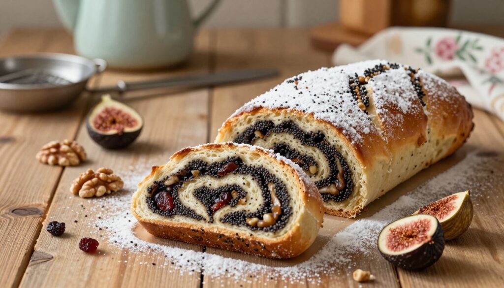 A beautifully baked "makowiec zawijany," a traditional Polish poppy seed roll, displayed on a rustic wooden table. In the foreground, the roll is sliced to reveal its rich, dark filling of poppy seeds mixed with nuts and dried fruits, glistening with a light glaze. In the middle ground, a delicate dusting of powdered sugar enhances its appealing texture, while a few whole walnuts and dried figs are scattered around for decoration. The background features a warm, softly lit kitchen setting, with vintage baking tools and a hint of a floral-patterned cloth peeking into view. The scene conveys a cozy, inviting atmosphere, perfect for a family gathering, with natural lighting casting gentle shadows to emphasize the roll's moistness.