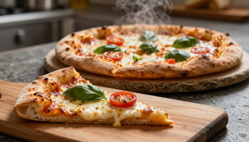 A beautifully baked pizza with a perfectly crisp golden crust, showcasing the delightful contrast between the soft, airy interior and the crunchy exterior. The foreground features a slice of pizza on a wooden cutting board, glistening with melted cheese and vibrant toppings like fresh basil and cherry tomatoes. The middle layer reveals the whole pizza resting on a rustic stone surface, highlighting the intricate texture of the crust, with a subtle steam rising above. The background includes a soft-focus kitchen setting, lit by warm, dim lighting to create a cozy atmosphere. Shot from a low angle to emphasize the depth of the crust, the image conveys a sense of homely comfort and deliciousness, inviting viewers to appreciate the appeal of a crunchy pizza base.
