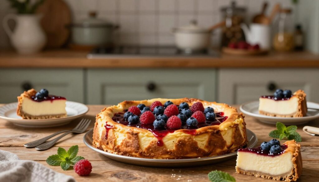 A beautifully baked "sernik pieczony" (Polish cheesecake) sits elegantly on a rustic wooden table. The foreground features the rich, creamy cheesecake topped with a glossy fruit compote, showcasing vibrant berries like blueberries and raspberries. Surrounding the pie are delicate pastry tools, slices elegantly plated, and a few scattered mint leaves for garnish. In the middle ground, a soft focus reveals a vintage kitchen setting with warm, ambient lighting that highlights the texture of the cheesecake's golden crust. In the background, blurred kitchen shelves filled with rustic cookware and baking ingredients create an inviting atmosphere. The overall mood is cozy and warm, perfect for a homey baking scene, inviting the viewer to explore the delights of preserving pastries.