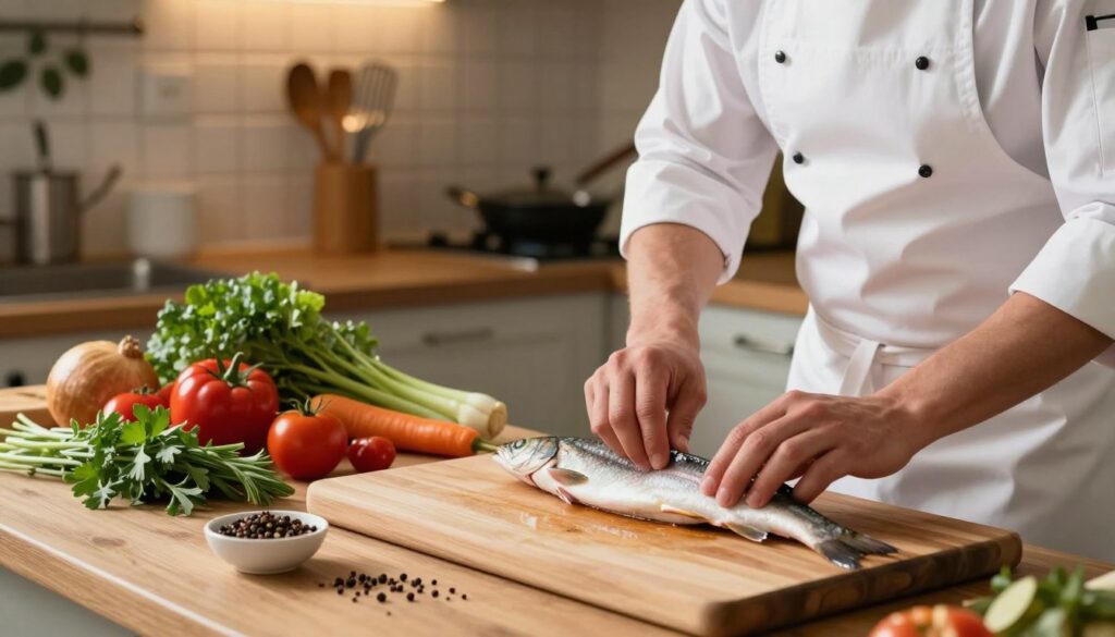 A beautifully composed kitchen scene featuring a skilled chef preparing a dish with piskorz, the Polish eel-like fish. In the foreground, the chef, dressed in a clean white apron and chef's hat, is delicately filleting the fish on a wooden cutting board, surrounded by fresh herbs and spices. In the middle ground, a vibrant array of vegetables and cooking utensils are artfully arranged, adding color and texture. The background reveals a cozy kitchen with warm, soft lighting illuminating the scene, casting gentle shadows that enhance the inviting atmosphere. A sense of culinary creativity and tradition permeates the setting, showcasing the preparation of this unique dish in Polish cuisine. The image captures the essence of culinary practice and the delicacies of local gastronomy without any text or overlays.