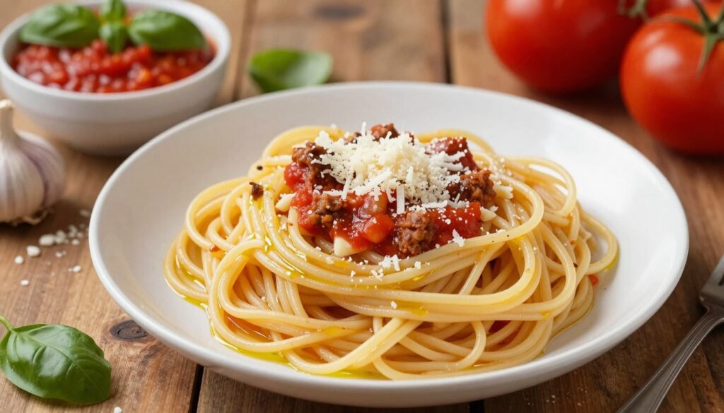 A beautifully cooked serving of al dente spaghetti arranged elegantly on a rustic wooden table. The pasta showcases a perfect balance of firmness and tenderness, glistening with a light coating of olive oil. A generous sprinkle of freshly grated Parmesan cheese rests atop, enhancing the inviting appearance. Surrounding the plate are ingredients like a small bowl of vibrant red tomato sauce, crushed garlic, and fresh basil leaves, hinting at a delicious meat sauce preparation. The scene is bathed in warm, soft lighting that creates an inviting atmosphere, with a shallow depth of field focusing on the pasta while gently blurring the background. The overall mood is cozy and homey, reminiscent of an Italian kitchen. The angle is slightly overhead, capturing the dish in its entirety, showcasing its inviting texture and rich colors.
