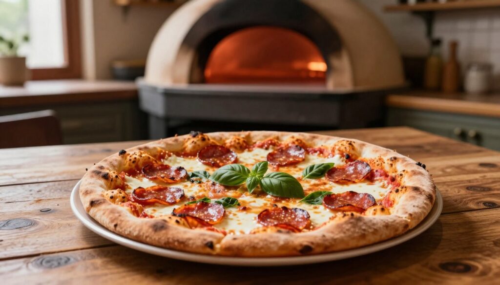 A beautifully crafted pizza, resembling a traditional pizzeria creation, sits prominently on a rustic wooden table in the foreground. The pizza boasts a perfectly golden, bubbly crust, adorned with vibrant toppings: glistening pepperoni slices, fresh basil leaves, and a rich layer of melted mozzarella cheese. In the middle ground, a traditional pizza stone can be seen subtly glowing, hinting at the high-temperature cooking method used to achieve that irresistible pizzeria quality. The background features a softly lit kitchen setting, with warm tones and wood accents that evoke a cozy, inviting atmosphere. Soft window light filters in, casting gentle shadows and enhancing the warm colors of the ingredients, creating a mouth-watering and wholesome ambiance that captures the essence of homemade pizza perfection.