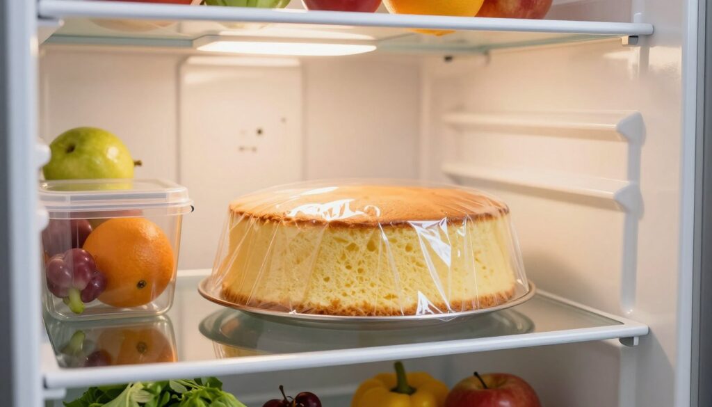 A beautifully organized and modern refrigerator, showcasing a freshly baked sponge cake securely wrapped in plastic film and placed on a glass shelf. The foreground features subtle reflections on the glass surface, while the middle ground highlights the vibrant colors of fresh fruits and vegetables in clear containers adjacent to the cake. The background reveals the metallic shelves and soft LED lighting, creating a warm and inviting atmosphere. The angle is slightly above eye level, emphasizing the cake's freshness and the careful organization of the fridge. The overall mood is serene and appetizing, reflecting the idea of preserving baked goods without compromising their quality.